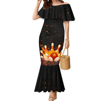 Flaming Bowling Ball Design Mermaid Dress with Strike Pins and Glowing Fire Sparks on Dark Background - Wonder Print Shop