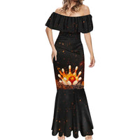 Flaming Bowling Ball Design Mermaid Dress with Strike Pins and Glowing Fire Sparks on Dark Background - Wonder Print Shop
