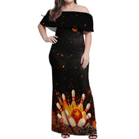 Flaming Bowling Ball Design Off Shoulder Maxi Dress with Strike Pins and Glowing Fire Sparks on Dark Background - Wonder Print Shop