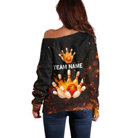 Flaming Bowling Ball Design Off Shoulder Sweater with Strike Pins and Glowing Fire Sparks on Dark Background - Wonder Print Shop