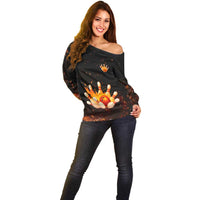 Flaming Bowling Ball Design Off Shoulder Sweater with Strike Pins and Glowing Fire Sparks on Dark Background - Wonder Print Shop