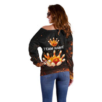 Flaming Bowling Ball Design Off Shoulder Sweater with Strike Pins and Glowing Fire Sparks on Dark Background - Wonder Print Shop