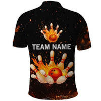 Flaming Bowling Ball Design Polo Shirt with Strike Pins and Glowing Fire Sparks on Dark Background - Wonder Print Shop