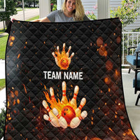 Flaming Bowling Ball Design Quilt with Strike Pins and Glowing Fire Sparks on Dark Background - Wonder Print Shop