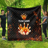 Flaming Bowling Ball Design Quilt with Strike Pins and Glowing Fire Sparks on Dark Background - Wonder Print Shop
