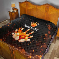 Flaming Bowling Ball Design Quilt with Strike Pins and Glowing Fire Sparks on Dark Background - Wonder Print Shop