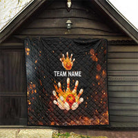 Flaming Bowling Ball Design Quilt with Strike Pins and Glowing Fire Sparks on Dark Background - Wonder Print Shop