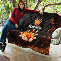 Flaming Bowling Ball Design Quilt with Strike Pins and Glowing Fire Sparks on Dark Background - Wonder Print Shop