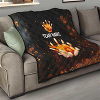 Flaming Bowling Ball Design Quilt with Strike Pins and Glowing Fire Sparks on Dark Background - Wonder Print Shop