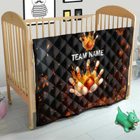 Flaming Bowling Ball Design Quilt with Strike Pins and Glowing Fire Sparks on Dark Background - Wonder Print Shop