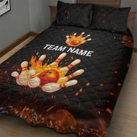 Flaming Bowling Ball Design Quilt Bed Set with Strike Pins and Glowing Fire Sparks on Dark Background - Wonder Print Shop