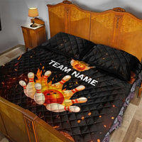 Flaming Bowling Ball Design Quilt Bed Set with Strike Pins and Glowing Fire Sparks on Dark Background - Wonder Print Shop