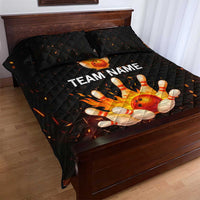 Flaming Bowling Ball Design Quilt Bed Set with Strike Pins and Glowing Fire Sparks on Dark Background - Wonder Print Shop