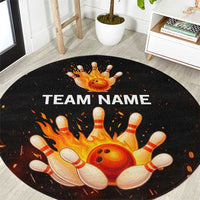 Flaming Bowling Ball Design Round Carpet with Strike Pins and Glowing Fire Sparks on Dark Background - Wonder Print Shop