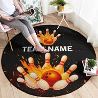 Flaming Bowling Ball Design Round Carpet with Strike Pins and Glowing Fire Sparks on Dark Background - Wonder Print Shop