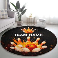 Flaming Bowling Ball Design Round Carpet with Strike Pins and Glowing Fire Sparks on Dark Background - Wonder Print Shop
