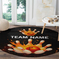 Flaming Bowling Ball Design Round Carpet with Strike Pins and Glowing Fire Sparks on Dark Background - Wonder Print Shop