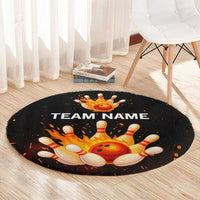 Flaming Bowling Ball Design Round Carpet with Strike Pins and Glowing Fire Sparks on Dark Background - Wonder Print Shop
