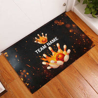 Flaming Bowling Ball Design Rubber Doormat with Strike Pins and Glowing Fire Sparks on Dark Background - Wonder Print Shop