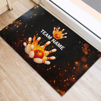 Flaming Bowling Ball Design Rubber Doormat with Strike Pins and Glowing Fire Sparks on Dark Background - Wonder Print Shop