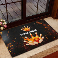 Flaming Bowling Ball Design Rubber Doormat with Strike Pins and Glowing Fire Sparks on Dark Background - Wonder Print Shop