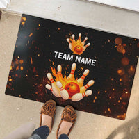Flaming Bowling Ball Design Rubber Doormat with Strike Pins and Glowing Fire Sparks on Dark Background - Wonder Print Shop