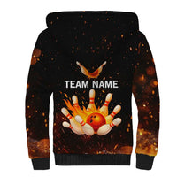 Flaming Bowling Ball Design Sherpa Hoodie with Strike Pins and Glowing Fire Sparks on Dark Background - Wonder Print Shop