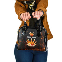 Flaming Bowling Ball Design Shoulder Handbag with Strike Pins and Glowing Fire Sparks on Dark Background - Wonder Print Shop