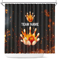 Flaming Bowling Ball Design Shower Curtain with Strike Pins and Glowing Fire Sparks on Dark Background - Wonder Print Shop
