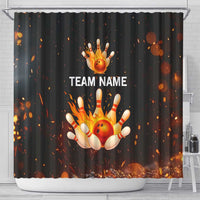 Flaming Bowling Ball Design Shower Curtain with Strike Pins and Glowing Fire Sparks on Dark Background - Wonder Print Shop