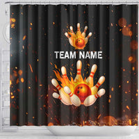 Flaming Bowling Ball Design Shower Curtain with Strike Pins and Glowing Fire Sparks on Dark Background - Wonder Print Shop