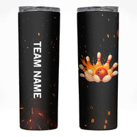 Flaming Bowling Ball Design Skinny Tumbler with Strike Pins and Glowing Fire Sparks on Dark Background - Wonder Print Shop