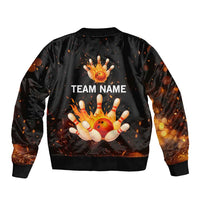Flaming Bowling Ball Design Sleeve Zip Bomber Jacket with Strike Pins and Glowing Fire Sparks on Dark Background - Wonder Print Shop