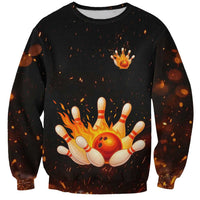 Flaming Bowling Ball Design Sweatshirt with Strike Pins and Glowing Fire Sparks on Dark Background - Wonder Print Shop
