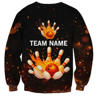 Flaming Bowling Ball Design Sweatshirt with Strike Pins and Glowing Fire Sparks on Dark Background - Wonder Print Shop