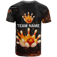 Flaming Bowling Ball Design T Shirt with Strike Pins and Glowing Fire Sparks on Dark Background - Wonder Print Shop