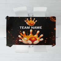 Flaming Bowling Ball Design Tablecloth with Strike Pins and Glowing Fire Sparks on Dark Background - Wonder Print Shop