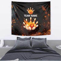 Flaming Bowling Ball Design Tapestry with Strike Pins and Glowing Fire Sparks on Dark Background - Wonder Print Shop