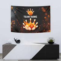 Flaming Bowling Ball Design Tapestry with Strike Pins and Glowing Fire Sparks on Dark Background - Wonder Print Shop