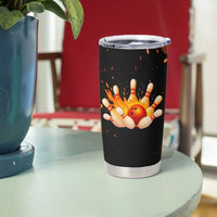 Flaming Bowling Ball Design Tumbler Cup with Strike Pins and Glowing Fire Sparks on Dark Background - Wonder Print Shop