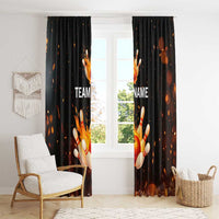 Flaming Bowling Ball Design Window Curtain with Strike Pins and Glowing Fire Sparks on Dark Background - Wonder Print Shop