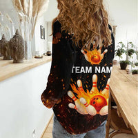 Flaming Bowling Ball Design Women Casual Shirt with Strike Pins and Glowing Fire Sparks on Dark Background - Wonder Print Shop