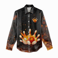 Flaming Bowling Ball Design Women Casual Shirt with Strike Pins and Glowing Fire Sparks on Dark Background - Wonder Print Shop