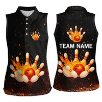 Flaming Bowling Ball Design Women Sleeveless Polo Shirt with Strike Pins and Glowing Fire Sparks on Dark Background - Wonder Print Shop