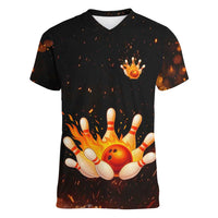 Flaming Bowling Ball Design Women V-Neck T-Shirt with Strike Pins and Glowing Fire Sparks on Dark Background - Wonder Print Shop