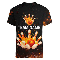 Flaming Bowling Ball Design Women V-Neck T-Shirt with Strike Pins and Glowing Fire Sparks on Dark Background - Wonder Print Shop