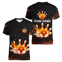 Flaming Bowling Ball Design Women V-Neck T-Shirt with Strike Pins and Glowing Fire Sparks on Dark Background - Wonder Print Shop