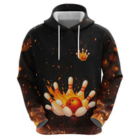 Flaming Bowling Ball Design Zip Hoodie with Strike Pins and Glowing Fire Sparks on Dark Background - Wonder Print Shop