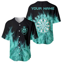 Darts Board Baseball Jersey with Flaming Green Smoke and Crest Emblem on Black Gradient Background - Wonder Print Shop