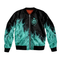 Darts Board Bomber Jacket with Flaming Green Smoke and Crest Emblem on Black Gradient Background - Wonder Print Shop